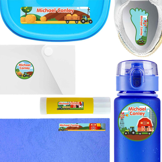 Farm Tractors waterproof labels for kids — name decals and bottle stickers for water bottles and lunchboxes
