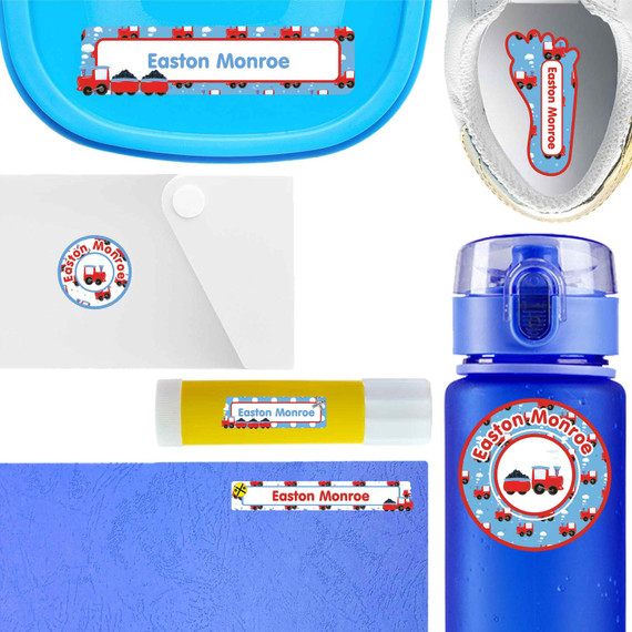 Train Chug Chug waterproof labels for kids — name decals and bottle stickers for water bottles and lunchboxes