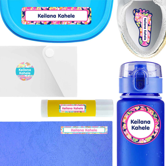 Tropical Trio waterproof name labels — personalized peel and stick name labels for school and daycare