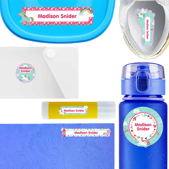 Magical Unicorns waterproof name labels on school supplies — personalized name stickers for kids