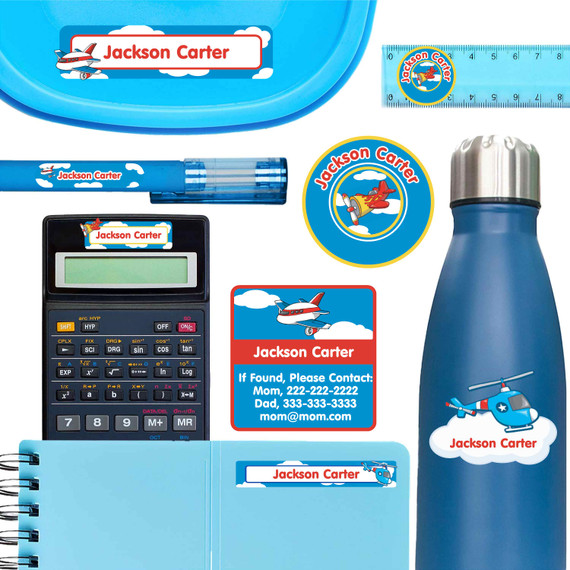 Airplanes personalized name labels for ruler, pen, and water bottle