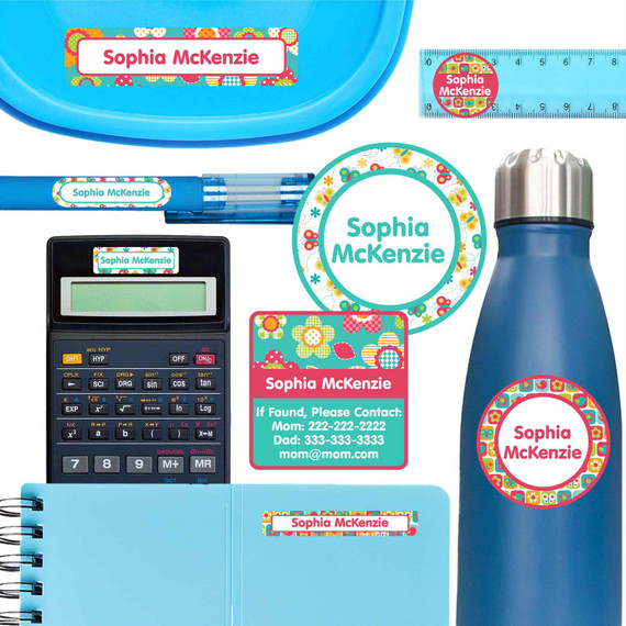 All Things Spring waterproof name labels on lunch container, water bottle and school notebook