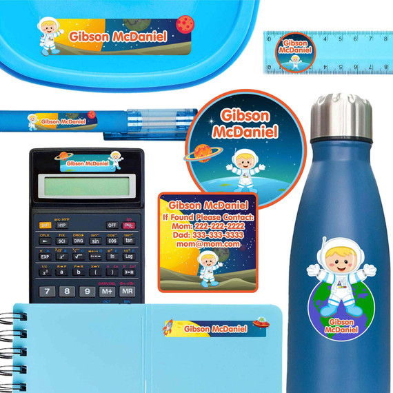 Astronaut Boy or Girl personalized name labels on ruler, lunch container, and pen