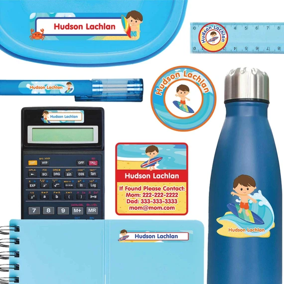 Beach (Boy/Girl) ultimate school labels — waterproof name labels for school on water bottle and lunchbox