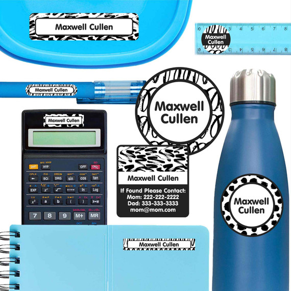 Black & White Abstract school labels — name stickers for school and waterproof name labels for school supplies