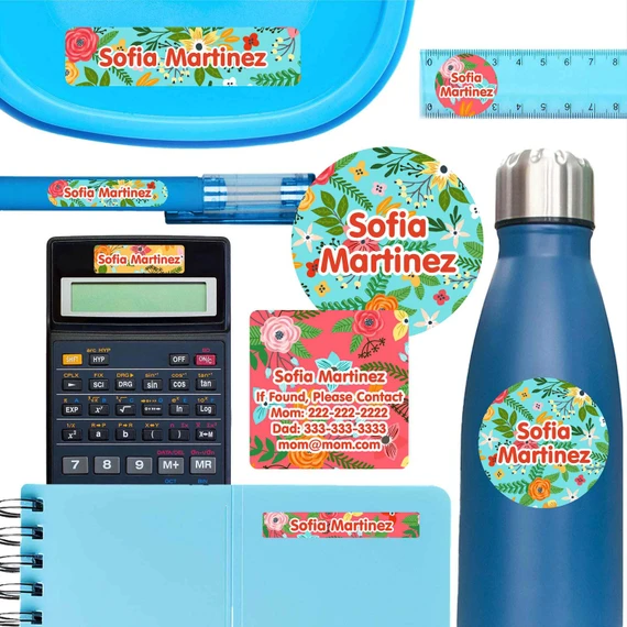 Blossoms waterproof name labels on lunch container, water bottle and school notebook