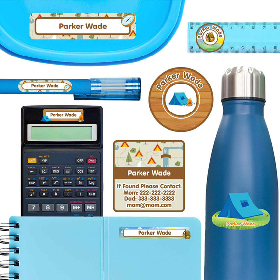 Camping waterproof name labels on lunch container, water bottle and school notebook