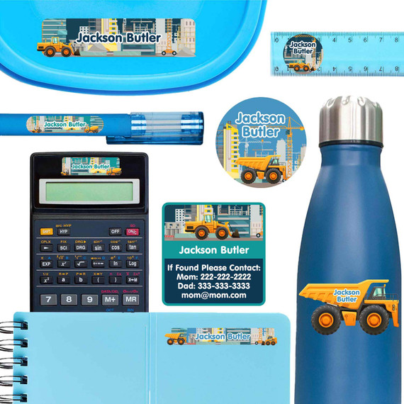 Construction Site waterproof name labels on lunch container, water bottle and school notebook