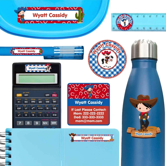 Cowboy & Cowgirl ultimate school labels — waterproof name labels for school on water bottle and lunchbox