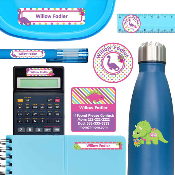 Dinosaur Friends waterproof name labels on lunch container, water bottle and school notebook