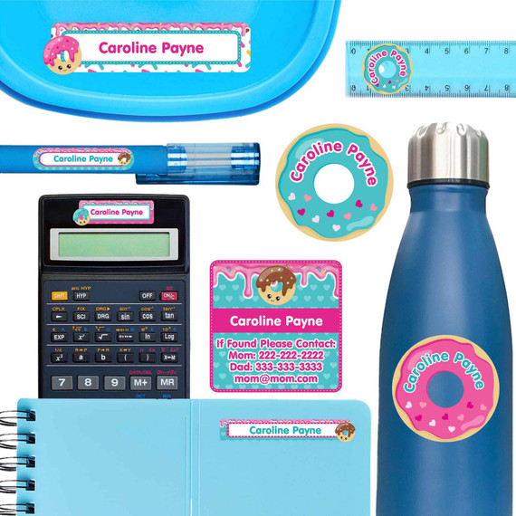 Donuts ultimate school labels — waterproof name labels for school on water bottle and lunchbox