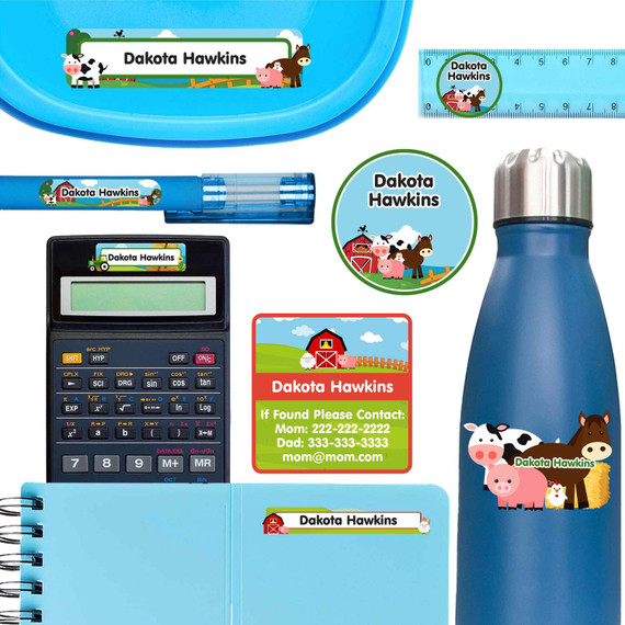 Farm Animals school labels — name tags for school, backpack labels and school supply labels for kids