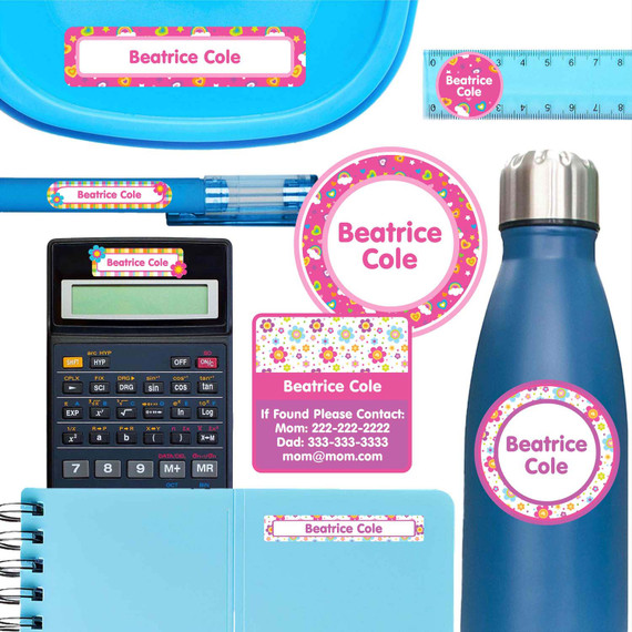 Flowers and Rainbows personalized school name labels on lunch container, water bottle, and notebook