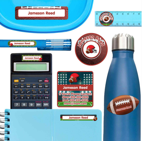 Football school name labels for pen, water bottle, and ruler