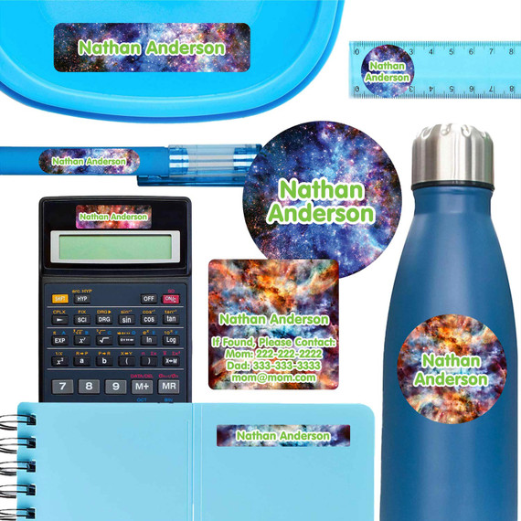 Galaxy school name labels for notebook, lunch container, and calculator