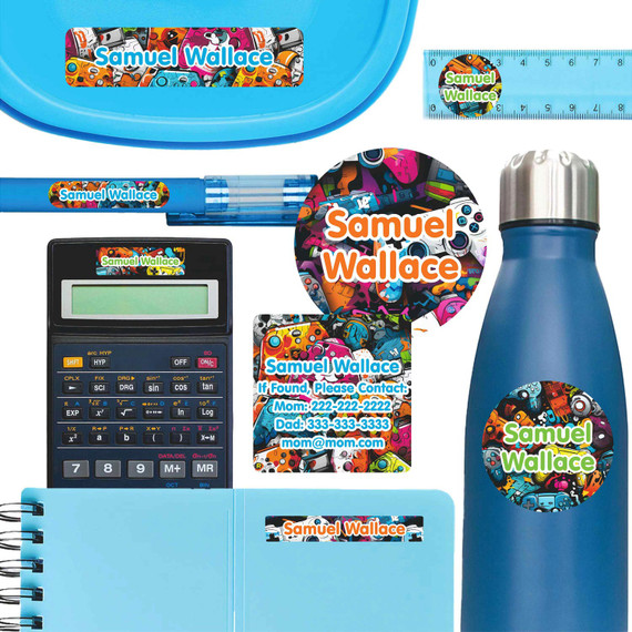 Gamer Mode personalized name labels on water bottle, pen, and ruler