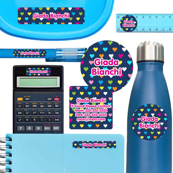 Hearts ultimate school labels — waterproof name labels for school on water bottle and lunchbox