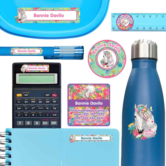 Horses personalized name labels for notebook, water bottle, and pen