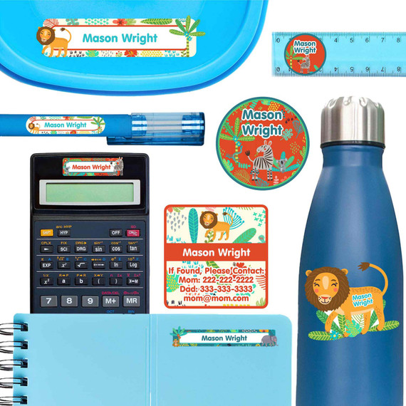 Jungle Animals school name labels on water bottle, pen, and notebook