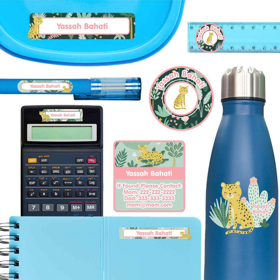 Leopard Cuties ultimate school labels — waterproof name labels for school on water bottle and lunchbox