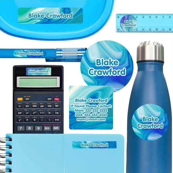 Liquid Swirl ultimate school labels — waterproof name labels for school on water bottle and lunchbox