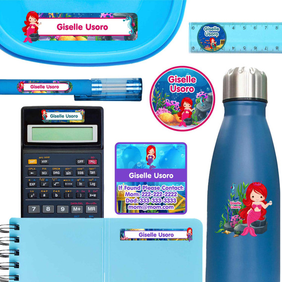 Mermaids personalized school name labels for calculator, lunch container, and water bottle