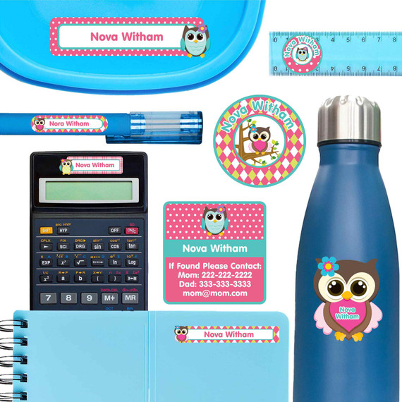 Owls school labels — name stickers for school and waterproof name labels for school supplies