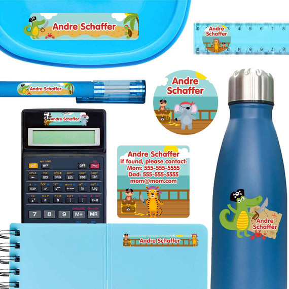 Pirate Animals waterproof name labels on lunch container, water bottle and school notebook