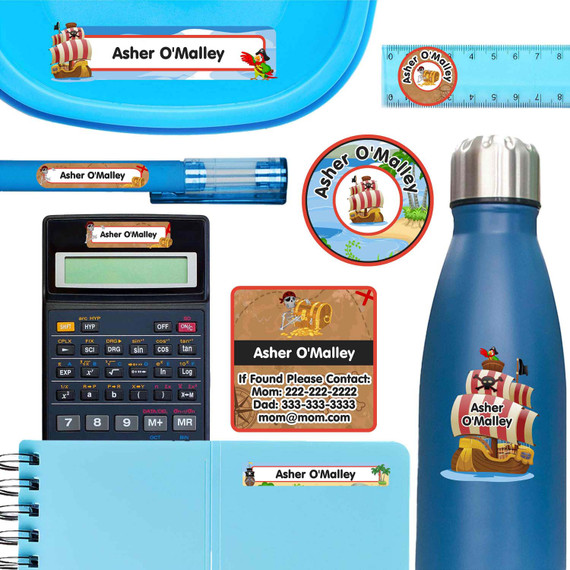 Pirates ultimate school labels — waterproof name labels for school on water bottle and lunchbox