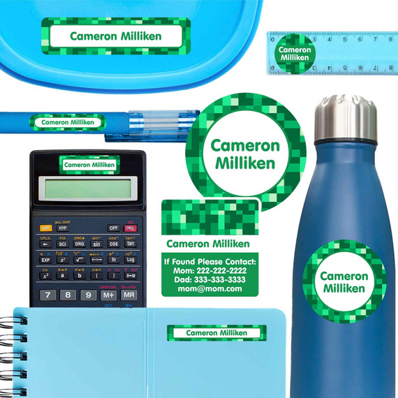Pixels school name labels for notebook, water bottle, and pen