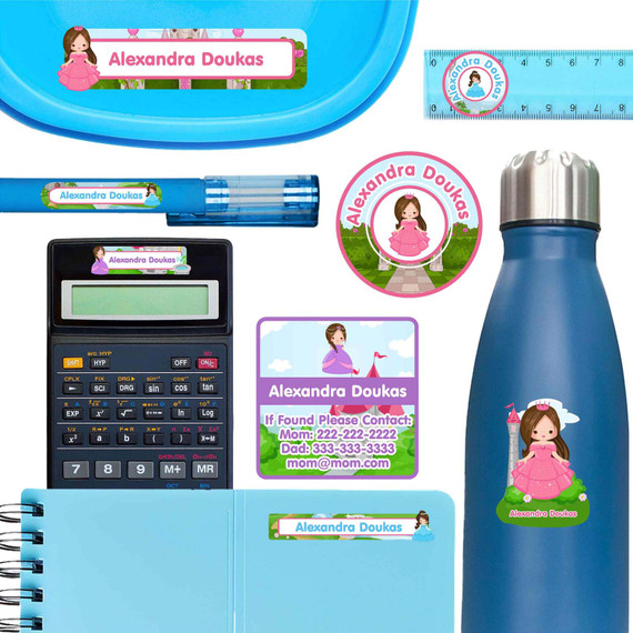 Princess personalized school name labels on water bottle, pen, and notebook