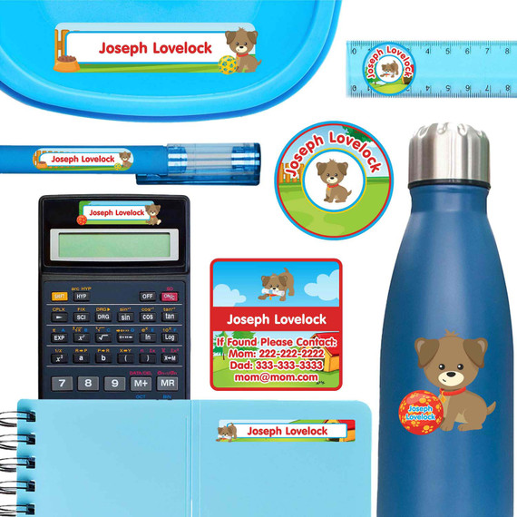 Puppies school name labels for ruler, lunch container, and calculator