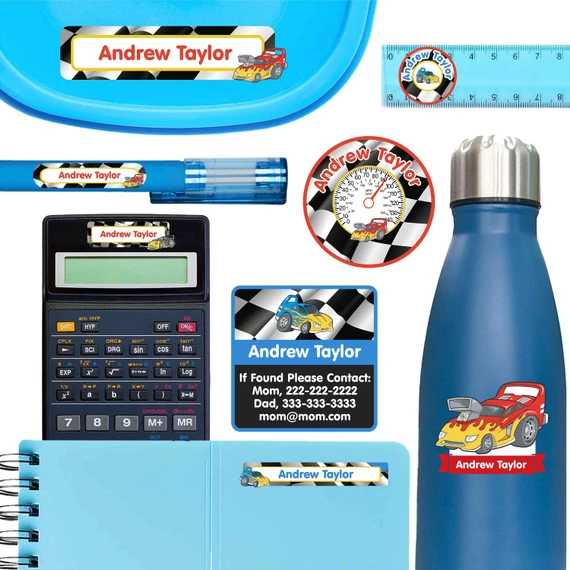 Race Cars ultimate school labels — waterproof name labels for school on water bottle and lunchbox