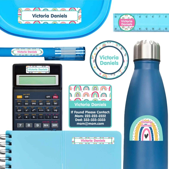 Colorful Rainbows ultimate school labels — waterproof name labels for school on water bottle and lunchbox