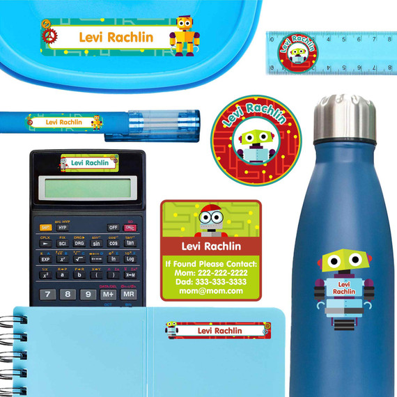 Robots school name labels on lunch container, ruler, and pen