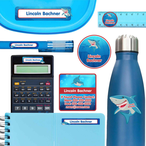 Sharks school name labels on notebook, lunch container, and water bottle