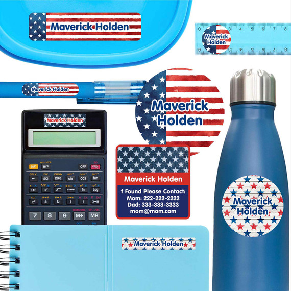 Stars and Stripes ultimate school labels — waterproof name labels for school on water bottle and lunchbox