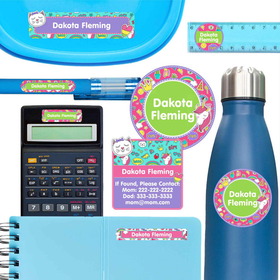 Stickers school name labels for calculator, water bottle, and notebook