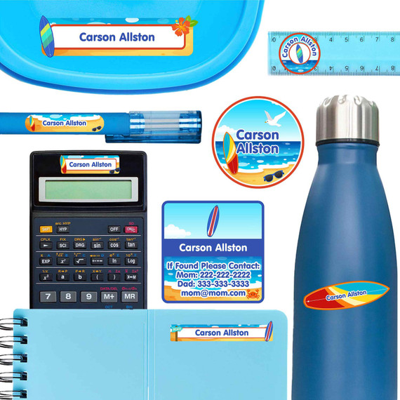 Surfing school name labels for lunch container, ruler, and pen
