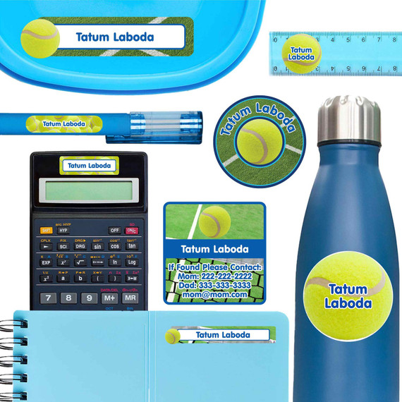Tennis personalized name labels on water bottle, calculator, and notebook