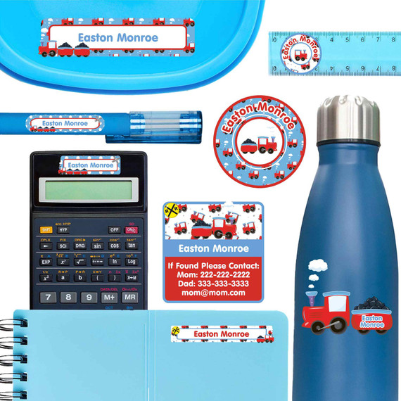 Train Chug Chug personalized name labels on water bottle, ruler, and pen