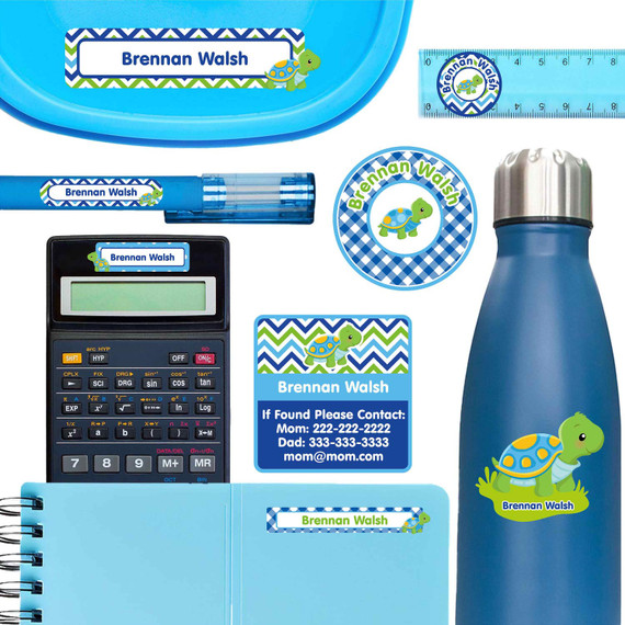 Turtles school name labels on lunch container, pen, and water bottle