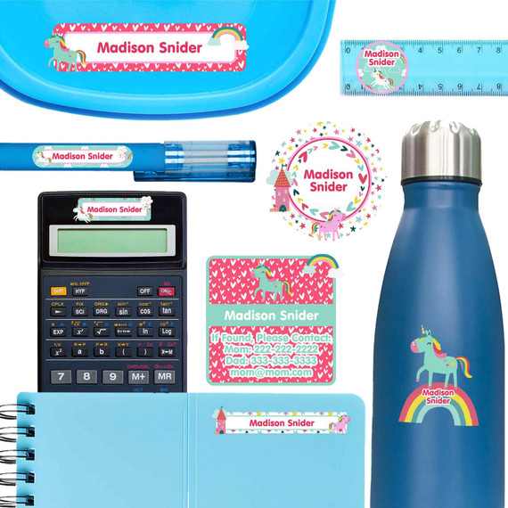 Magical Unicorns school labels — name stickers for school and waterproof name labels for school supplies