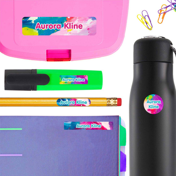 A marker labeled with a Artfully Yours personalized name sticker. These school name stickers help identify supplies.