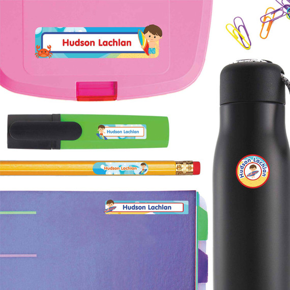 Beach (Boy/Girl) school labels — name tags for school and waterproof labels for school, dishwasher safe