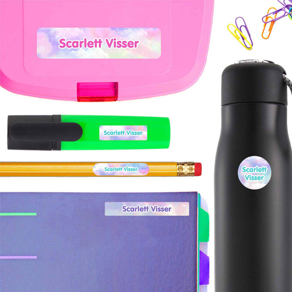 Clouds name labels for school — waterproof school name labels on water bottle and lunchbox
