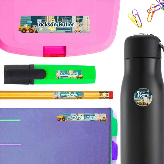 Construction Site name labels for school — waterproof school name labels on water bottle and lunchbox