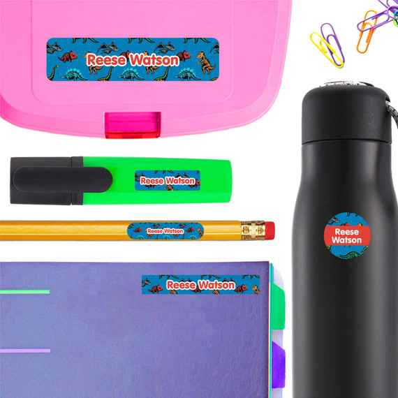 Dino Fossils back to school labels and school name labels — waterproof name stickers for school supplies