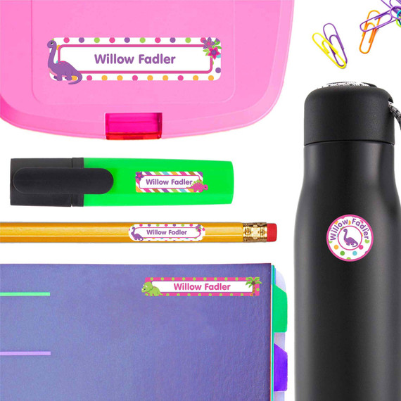 Personalized stickers for school featuring a Dinosaur Pattern design on a classroom marker.