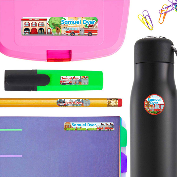 Fire Trucks back to school labels and school name labels — waterproof name stickers for school supplies